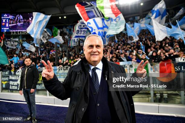 Lazio President Claudio Lotito celebrates victory after the Serie A match between SS Lazio and AS Roma at Stadio Olimpico on March 19, 2023 in Rome,...