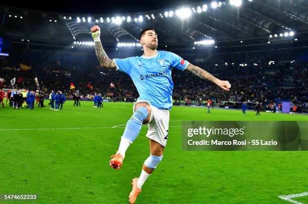 Mattia Zaccagni of SS Lazio celebrates a victory after the Serie A match between SS Lazio and AS Roma at Stadio Olimpico on March 19, 2023 in Rome,...