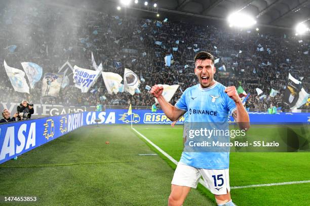 Nicolò Casale of SS Lazio celebrates a victory after during the Serie A match between SS Lazio and AS Roma at Stadio Olimpico on March 19, 2023 in...