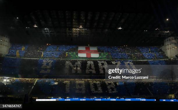 Fans of FC Internazionale show their support with a mural prior to the Serie A match between FC Internazionale and Juventus at Stadio Giuseppe Meazza...