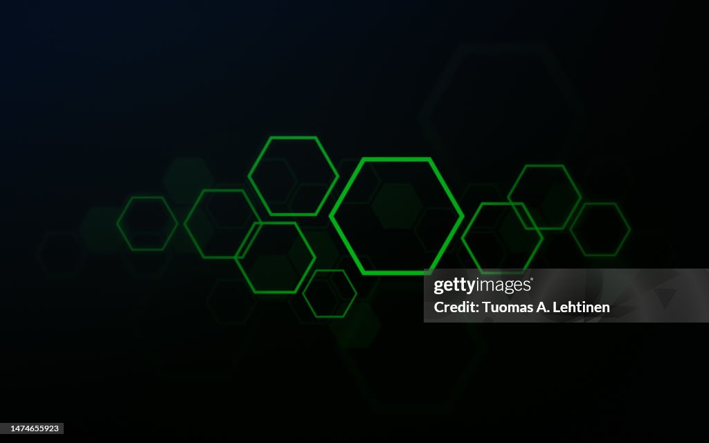 Layered green hexagon patterns, beehive honeycomb design on blurry dark green background.