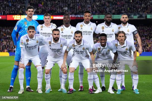 Players of Real Madrid pose for a team photograph prior to the LaLiga Santander match between FC Barcelona and Real Madrid CF at Spotify Camp Nou on...
