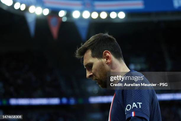 Leo Messi of Paris Saint-Germain looks on during the Ligue 1 match between Paris Saint-Germain and Stade Rennes at Parc des Princes on March 19, 2023...