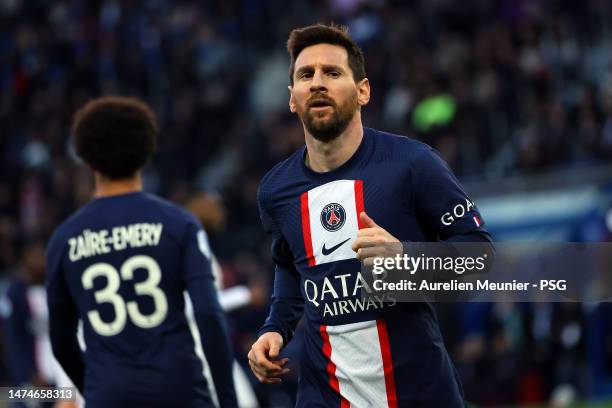 Leo Messi of Paris Saint-Germain looks on during the Ligue 1 match between Paris Saint-Germain and Stade Rennes at Parc des Princes on March 19, 2023...