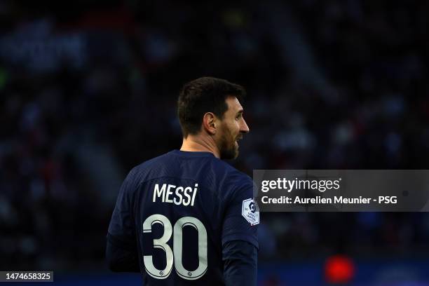 Leo Messi of Paris Saint-Germain looks on during the Ligue 1 match between Paris Saint-Germain and Stade Rennes at Parc des Princes on March 19, 2023...