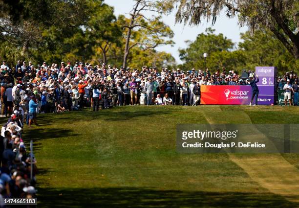 General view is seen as Jordan Spieth of the United States plays his shot from the eighth tee during the final round of the Valspar Championship at...