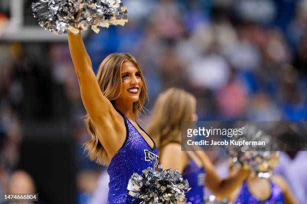 The Kansas State Wildcats cheerleaders perform during the second half against the Kentucky Wildcats in the second round of the NCAA Men's Basketball...