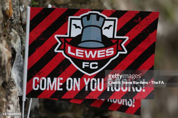 Lewes flags are seen during the Vitality Women's FA Cup match between Lewes and Manchester United at The Dripping Pan on March 19, 2023 in Lewes,...