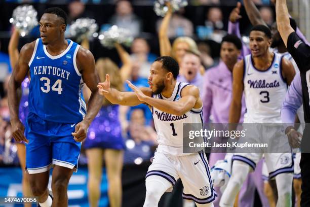 Markquis Nowell of the Kansas State Wildcats reacts during the second half against the Kentucky Wildcats in the second round of the NCAA Men's...