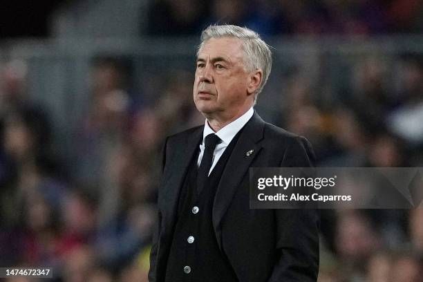 Carlo Ancelotti, Manager of Real Madrid, looks on during the LaLiga Santander match between FC Barcelona and Real Madrid CF at Spotify Camp Nou on...