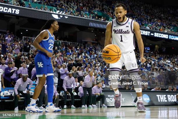 Markquis Nowell of the Kansas State Wildcats reacts during the second half against the Kentucky Wildcats in the second round of the NCAA Men's...