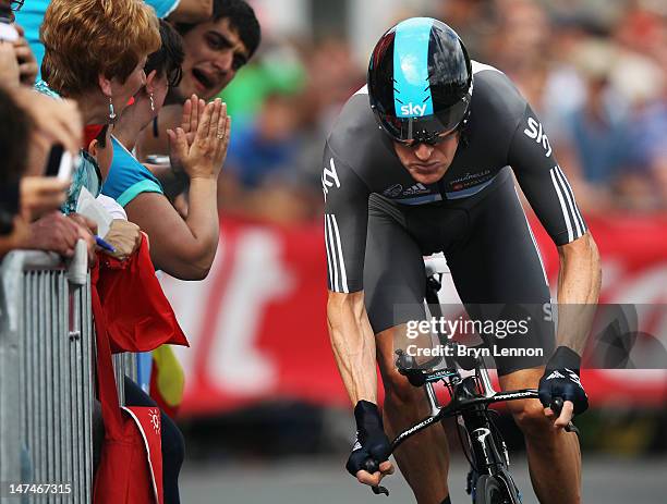 Bradley Wiggins of Great Britain SKY Procycling in action during the Tour de France Prologue at Parc d'Avroy on June 30, 2012 in Liege, Belgium. The...