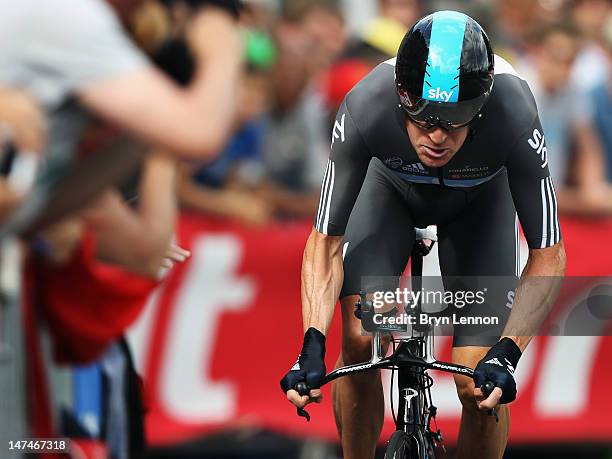 Bradley Wiggins of Great Britain SKY Procycling in action during the Tour de France Prologue at Parc d'Avroy on June 30, 2012 in Liege, Belgium. The...