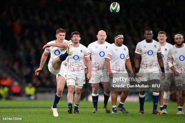 Owen Farrell of England kicks to touch during the Six Nations Rugby match between Ireland and England at Aviva Stadium on March 18, 2023 in Dublin,...