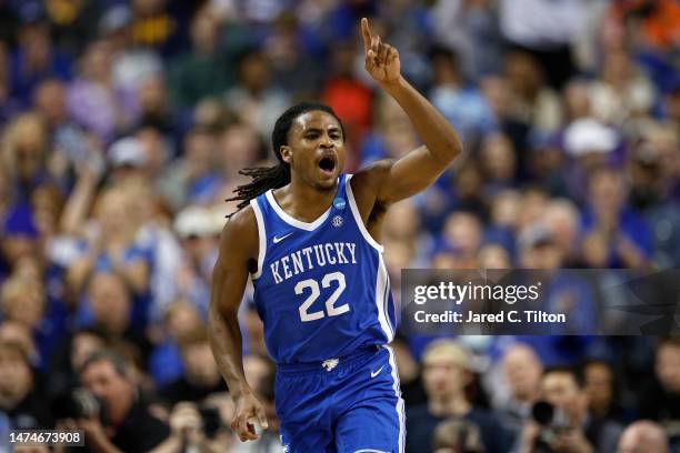 Cason Wallace of the Kentucky Wildcats reacts during the second half against the Kansas State Wildcats in the second round of the NCAA Men's...
