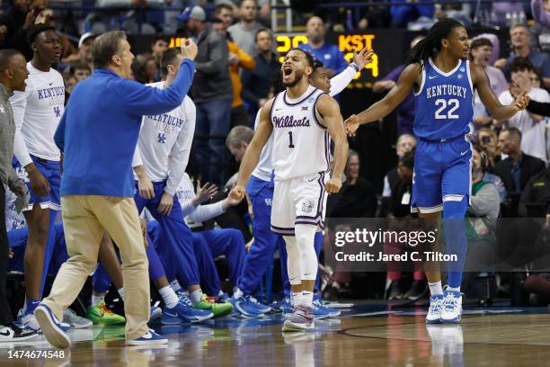 Markquis Nowell of the Kansas State Wildcats reacts during the second half against the Kentucky Wildcats in the second round of the NCAA Men's...