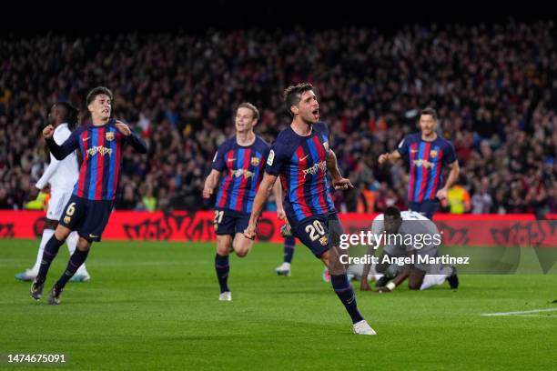 Sergi Roberto of FC Barcelona celebrates after scoring the team's first goal during the LaLiga Santander match between FC Barcelona and Real Madrid...