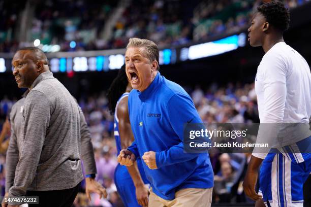 Head coach John Calipari of the Kentucky Wildcats reacts during the second half against the Kansas State Wildcats in the second round of the NCAA...