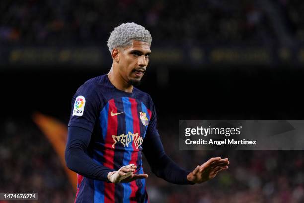 Ronald Araujo of FC Barcelona reacts during the LaLiga Santander match between FC Barcelona and Real Madrid CF at Spotify Camp Nou on March 19, 2023...