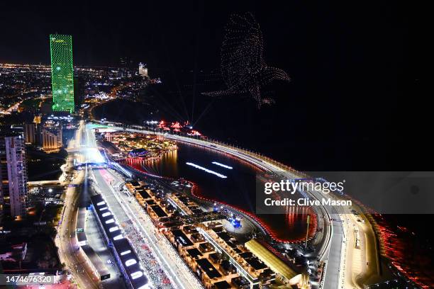 Drone light display showing a bird is seen over the grid during the F1 Grand Prix of Saudi Arabia at Jeddah Corniche Circuit on March 19, 2023 in...