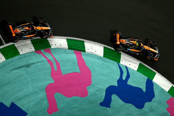 F1 Grand Prix of Saudi ArabiaJEDDAH, SAUDI ARABIA - MARCH 19: Lando Norris of Great Britain driving the (4) McLaren MCL60 Mercedes leads Oscar Piastri of Australia driving the (81) McLaren MCL60 Mercedes on track during the F1 Grand Prix of Saudi Arabia at Jeddah Corniche Circuit on March 19, 2023 in Jeddah, Saudi Arabia. Formula 1
