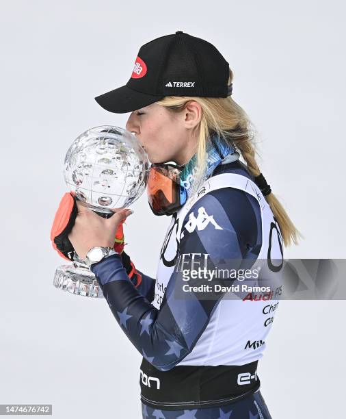 Women's Giant Slalom Cup Champion Mikaela Shiffrin of United States celebrates with the Crystal Globe trophy after Women's Giant Slalom at the Audi...