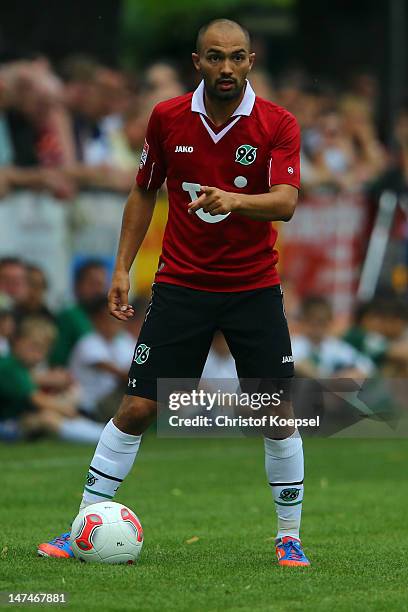 Sofian Chahed of Hannover runs with the ball during the friendly match between RSV Goettingen 05 and Hannover 96 at Stadium Am Rehbach on June 30,...