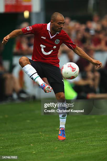 Sofian Chahed of Hannover runs with the ball during the friendly match between RSV Goettingen 05 and Hannover 96 at Stadium Am Rehbach on June 30,...