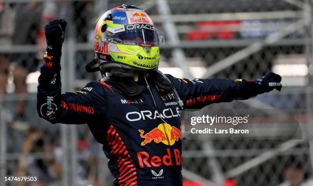 Race winner Sergio Perez of Mexico and Oracle Red Bull Racing celebrates in parc ferme during the F1 Grand Prix of Saudi Arabia at Jeddah Corniche...