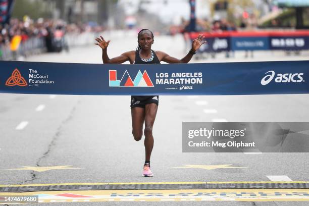 Stacy Ndiwa of Kenya wins the women's elite Los Angeles Marathon on March 19, 2023 in Los Angeles, California.