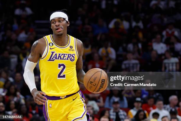 Jarred Vanderbilt of the Los Angeles Lakers in action against the Houston Rockets during the second half at Toyota Center on March 15, 2023 in...