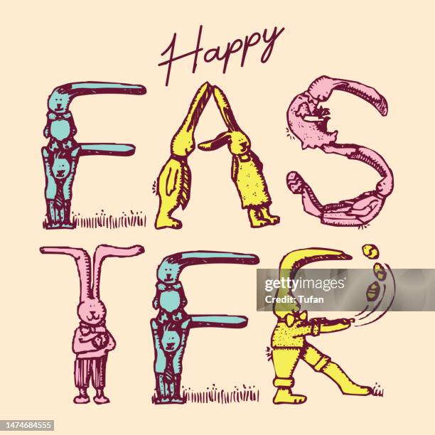 happy easter day design - colorful bunny easter writing illustration v2 - empty easter basket stock illustrations