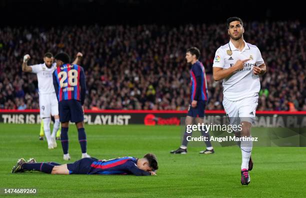 Marco Asensio of Real Madrid celebrates after scoring a goal which was later disallowed by VAR during the LaLiga Santander match between FC Barcelona...