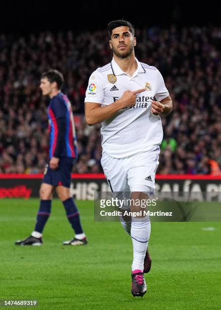 Marco Asensio of Real Madrid celebrates after scoring a goal which was later disallowed by VAR during the LaLiga Santander match between FC Barcelona...