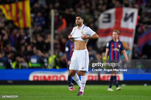 Marco Asensio of Real Madrid looks dejected after their side's defeat in during the LaLiga Santander match between FC Barcelona and Real Madrid CF at...