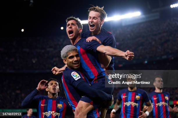 Sergi Roberto of FC Barcelona celebrates with his teammates Ronald Araujo and Frenkie de Jong after scoring the team’s first goal during the LaLiga...