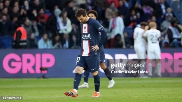 Lionel Messi of Paris Saint-Germain looks dissapointed after the second goal of Rennes during the Ligue 1 match between Paris Saint-Germain and Stade...