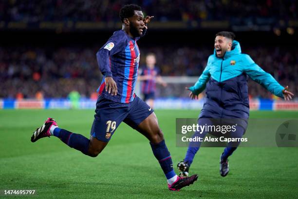 Franck Kessie of FC Barcelona celebrates with Jordi Alba after scoring the team's second goal during the LaLiga Santander match between FC Barcelona...