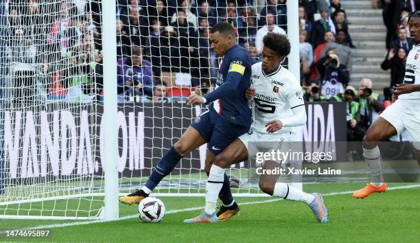 Kylian Mbappe of Paris Saint-Germain in action during the Ligue 1 match between Paris Saint-Germain and Stade Rennes at Parc des Princes on March 19,...