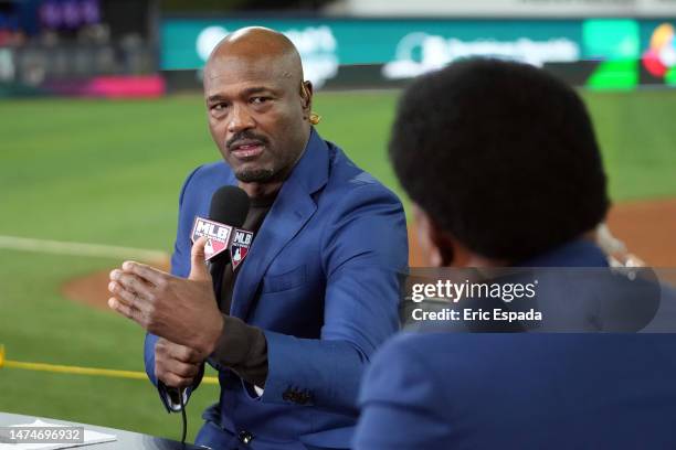 Harold Reynolds speaks on the field prior to the World Baseball Classic Semifinals between Team USA and Team Cuba at loanDepot park on March 19, 2023...