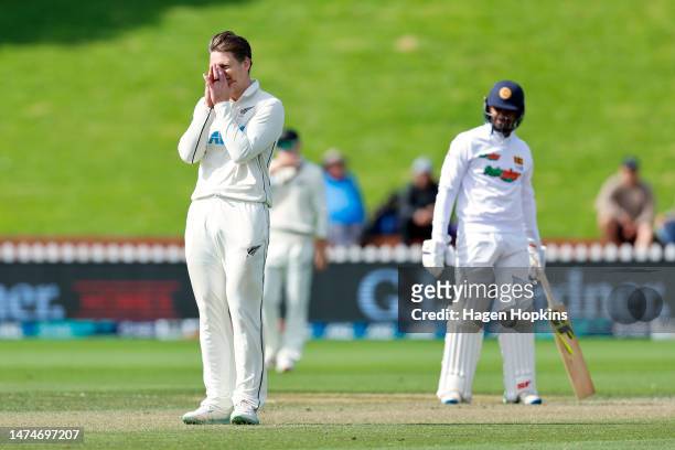 Michael Bracewell of New Zealand reacts after bowling a delivery during day four of the Second Test Match between New Zealand and Sri Lanka at Basin...