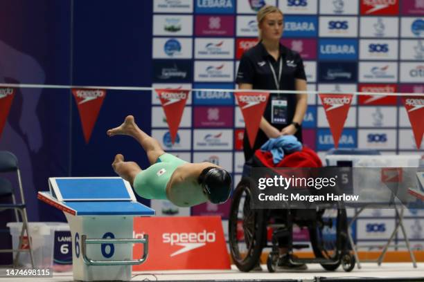 Kaede Hinata of Japan dives into the Men's MC 50m Freestyle heats during Day Four of the Citi Para Swimming World Series inc. British Para-Swimming...