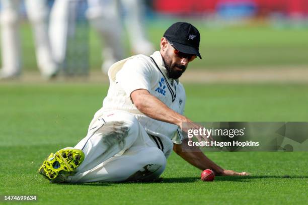 Daryl Mitchell of New Zealand fields the ball during day four of the Second Test Match between New Zealand and Sri Lanka at Basin Reserve on March...