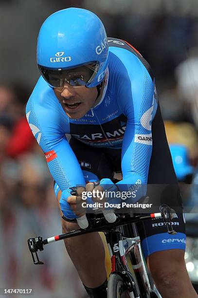 Tom Danielson of the USA riding for Garmin-Sharp races to 100th place in the prologue of the 2012 Tour de France on June 30, 2012 in Liege, Belgium.