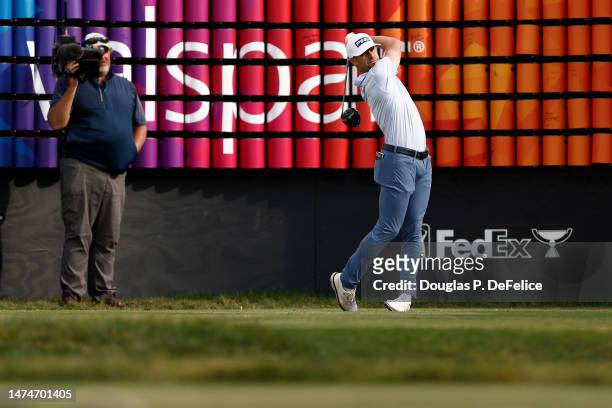 Taylor Moore of the United States plays his shot from the 18th tee during the final round of the Valspar Championship at Innisbrook Resort and Golf...
