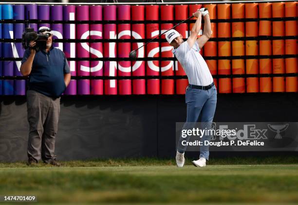 Taylor Moore of the United States plays his shot from the 18th tee during the final round of the Valspar Championship at Innisbrook Resort and Golf...