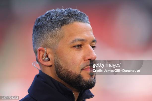 Pundit Jobi McAnuff during the Emirates FA Cup Quarter Final match between Sheffield United and Blackburn Rovers at Bramall Lane on March 19, 2023 in...