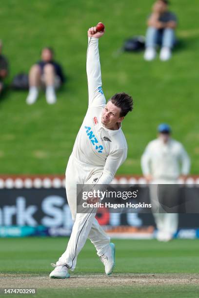 Michael Bracewell of New Zealand bowls during day four of the Second Test Match between New Zealand and Sri Lanka at Basin Reserve on March 20, 2023...