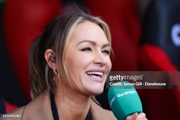 Presenter Laura Woods reacts ahead of the Emirates FA Cup Quarter Final match between Sheffield United and Blackburn Rovers at Bramall Lane on March...