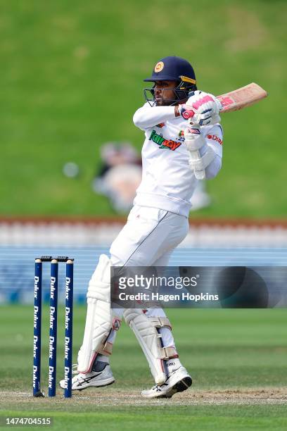 Dinesh Chandimal of Sri Lanka bats during day four of the Second Test Match between New Zealand and Sri Lanka at Basin Reserve on March 20, 2023 in...